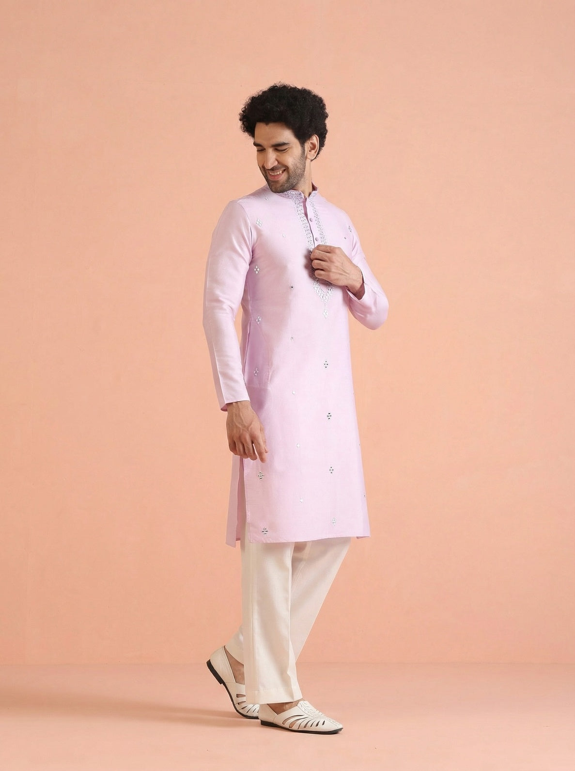 Lavender Cotton Blend Embroidered Kurta Wide Leg Trouser Set
