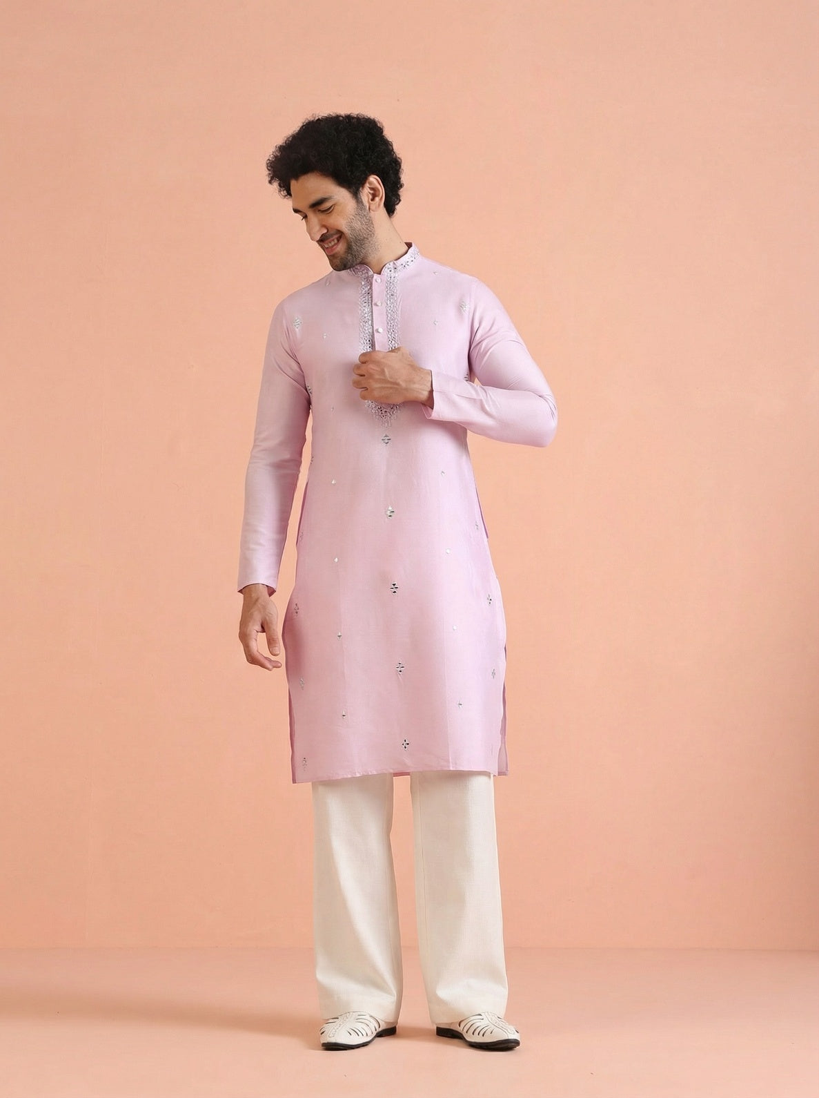 Lavender Cotton Blend Embroidered Kurta Wide Leg Trouser Set