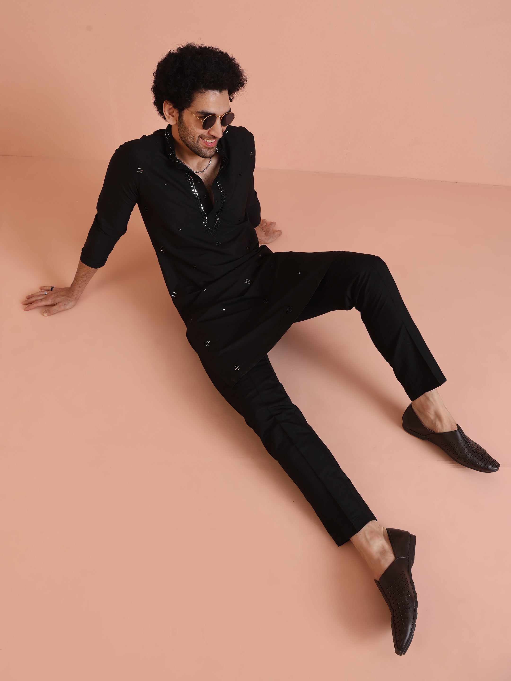 Black Cotton Blend Mirror Work Kurta Trouser Set