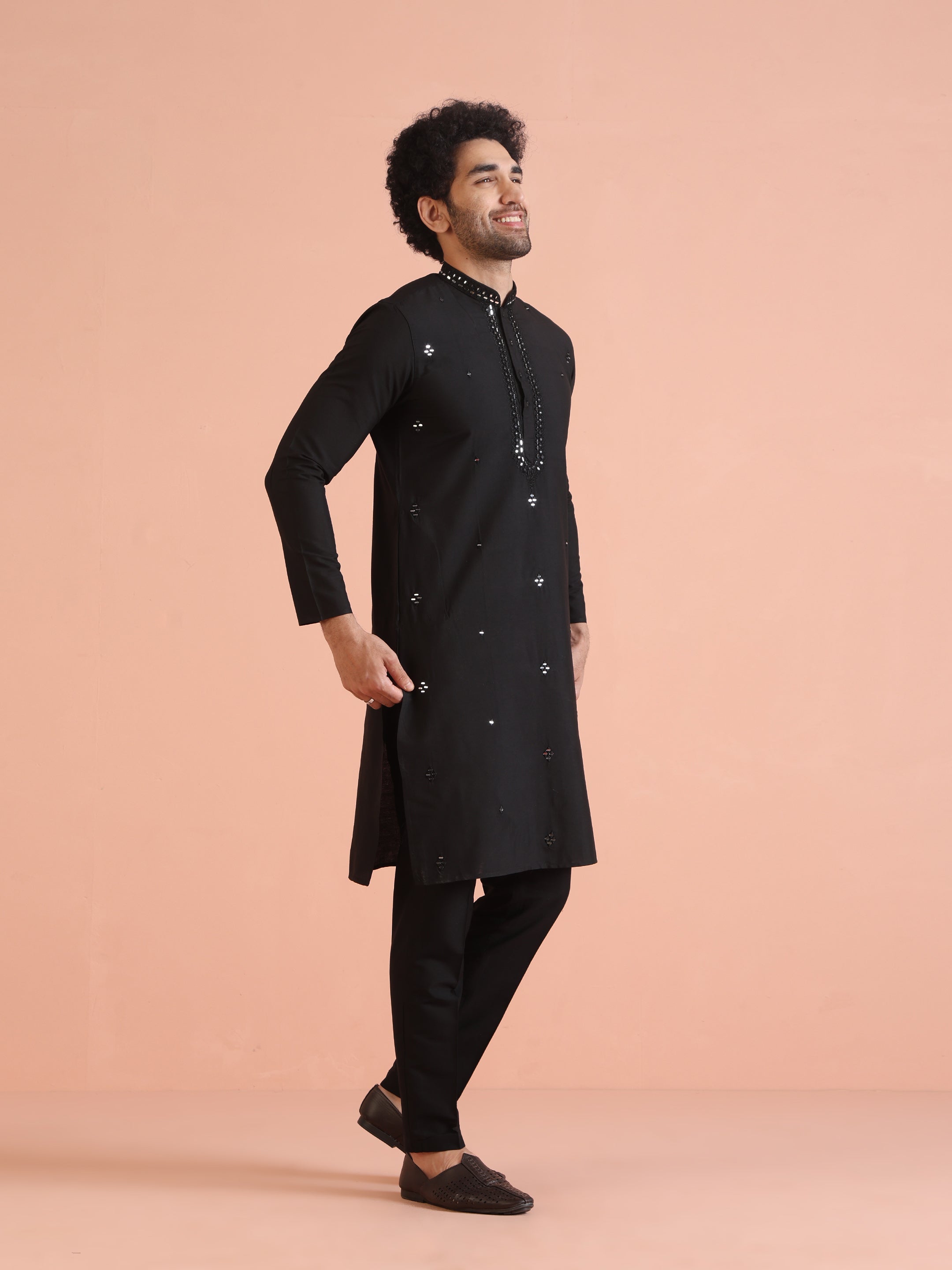 Black Cotton Blend Mirror Work Kurta Trouser Set
