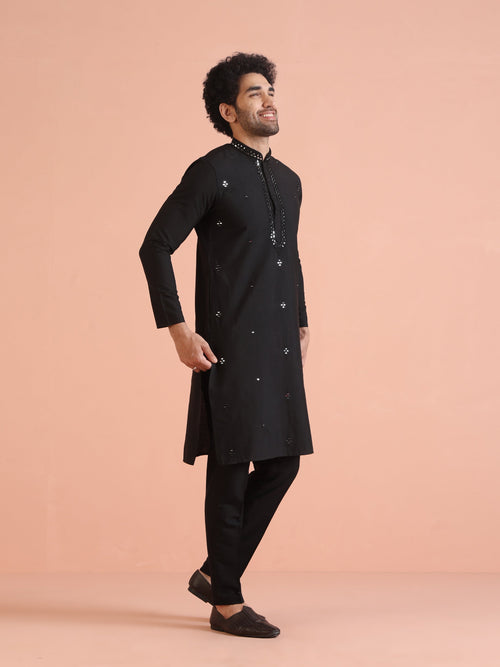 Black Cotton Blend Mirror Work Kurta Trouser Set