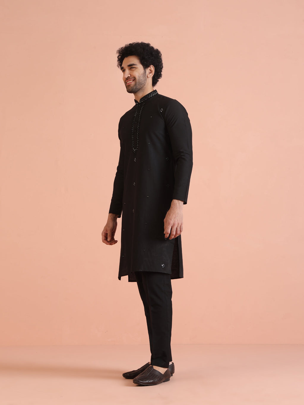 Black Cotton Blend Mirror Work Kurta Trouser Set