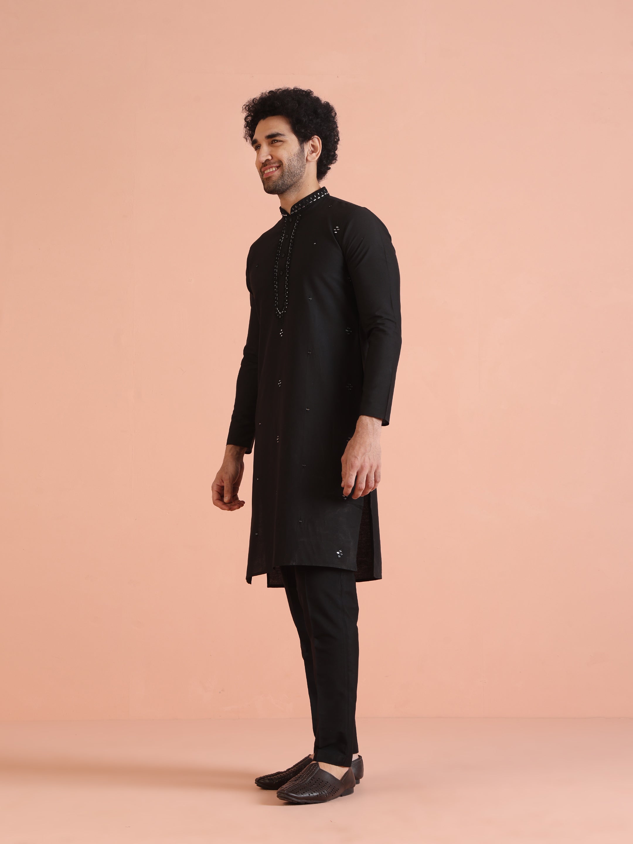 Black Cotton Blend Mirror Work Kurta Trouser Set