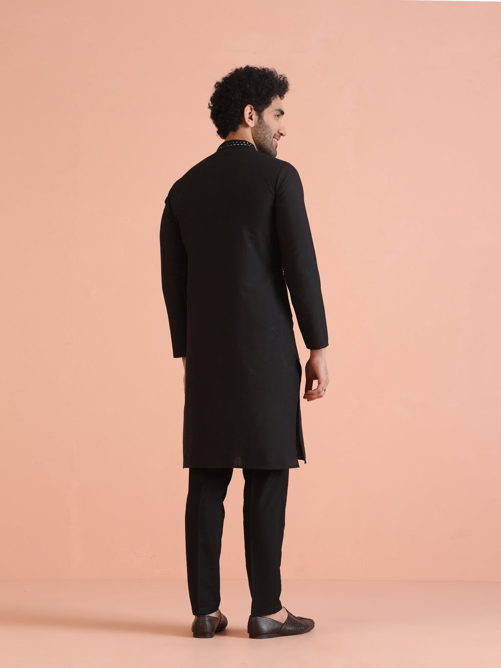 Black Cotton Blend Mirror Work Kurta Trouser Set