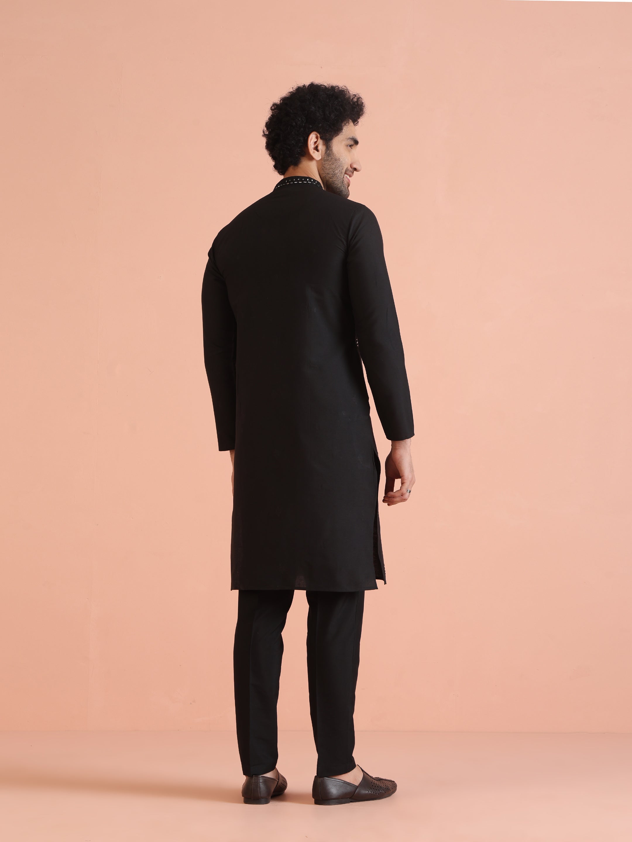Black Cotton Blend Mirror Work Kurta Trouser Set