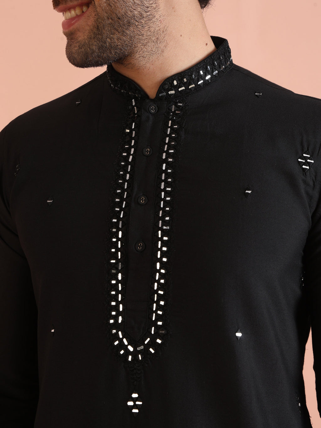 Black Cotton Blend Mirror Work Kurta Trouser Set