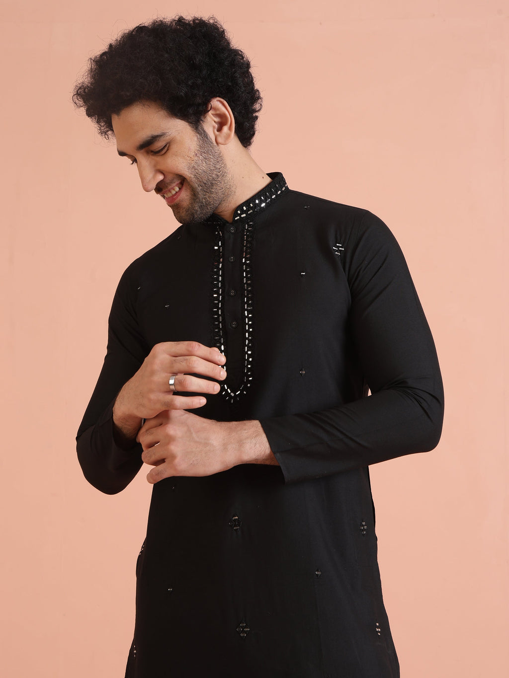 Black Cotton Blend Mirror Work Kurta Trouser Set