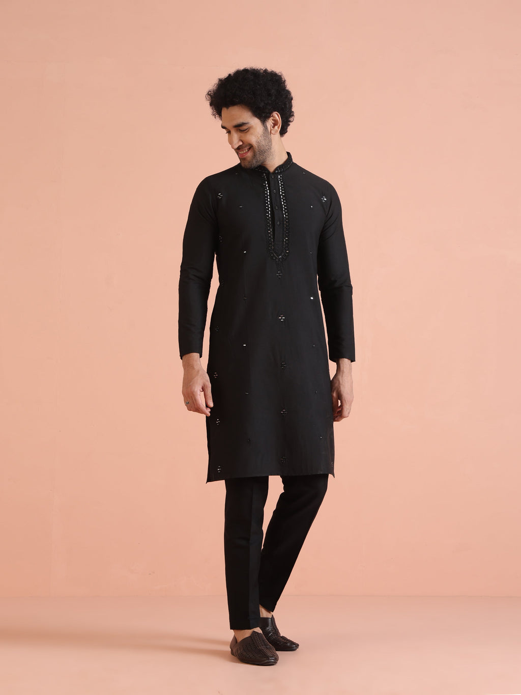 Black Cotton Blend Mirror Work Kurta Trouser Set