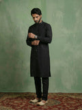 Black Cotton Blend Mirror Work Kurta Trouser Set