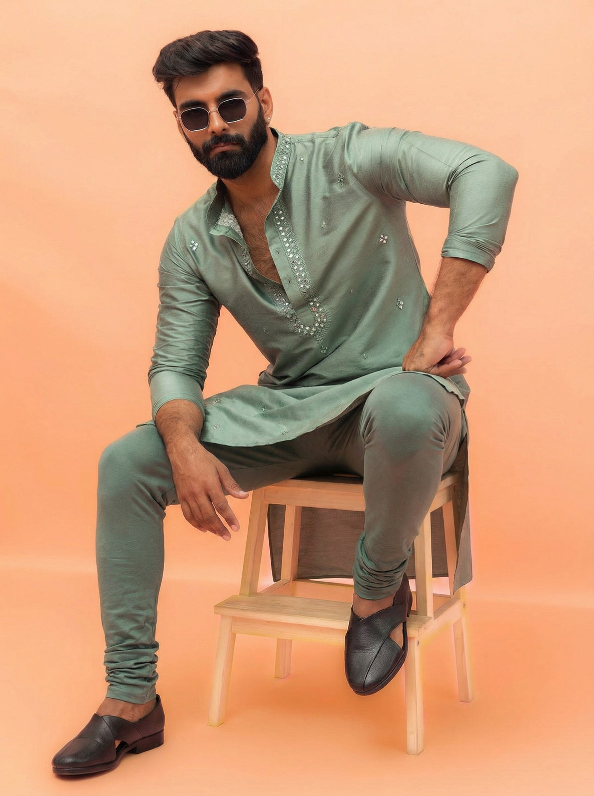 Sage Green Cotton Blend Mirror Work Kurta Churidar Set