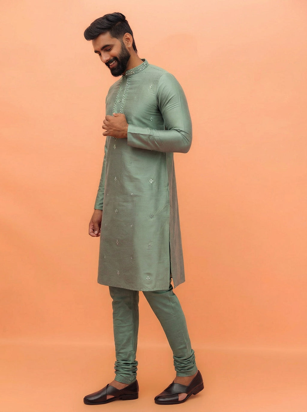 Sage Green Cotton Blend Mirror Work Kurta Churidar Set
