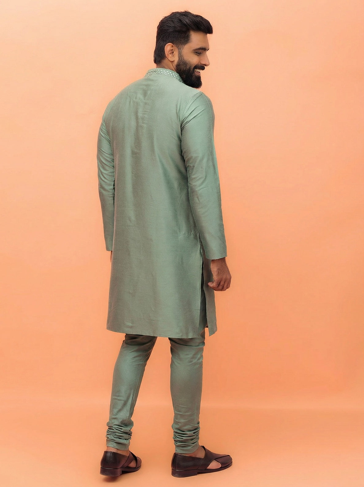 Sage Green Cotton Blend Mirror Work Kurta Churidar Set