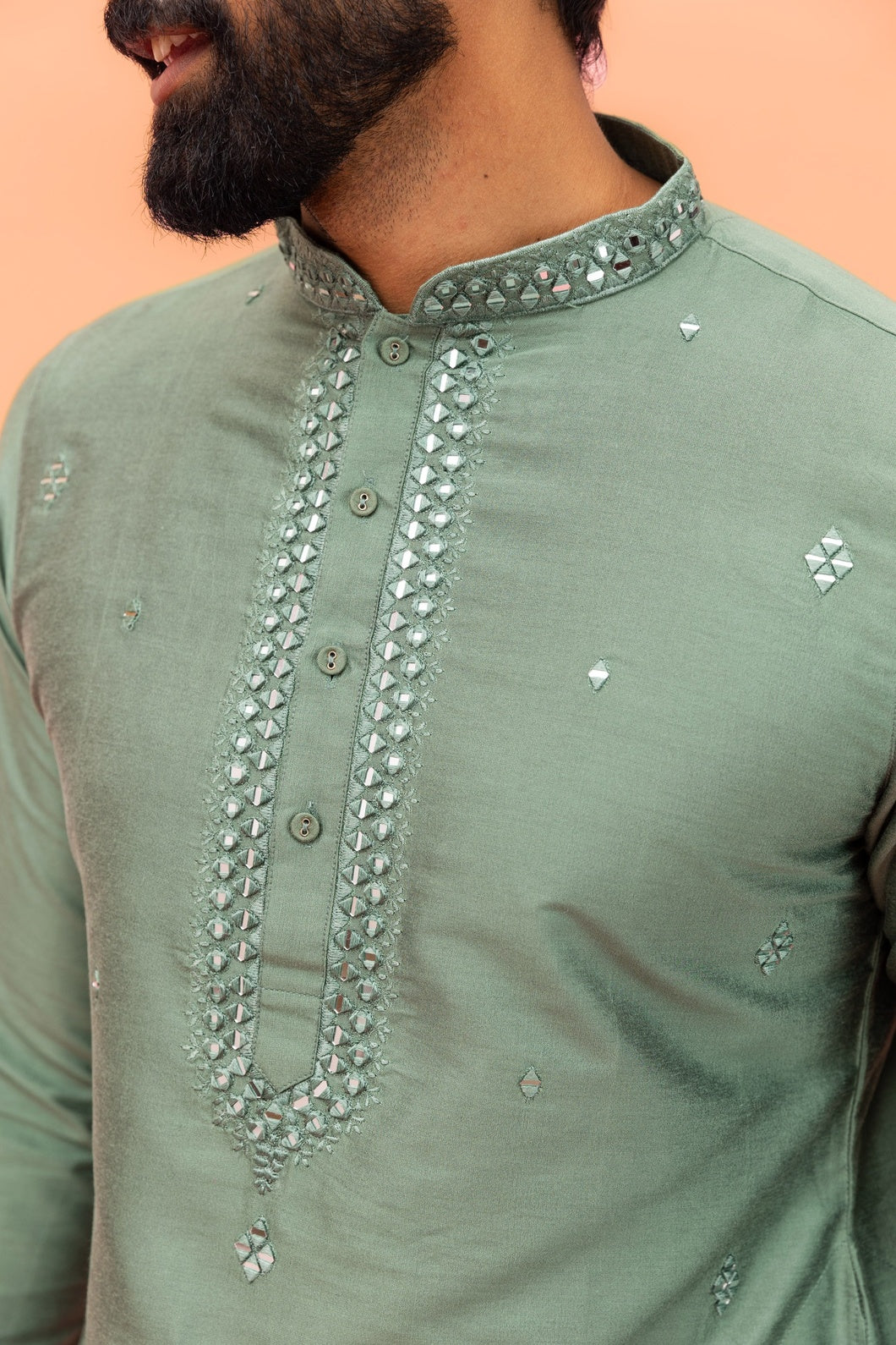 Sage Green Cotton Blend Mirror Work Kurta Churidar Set