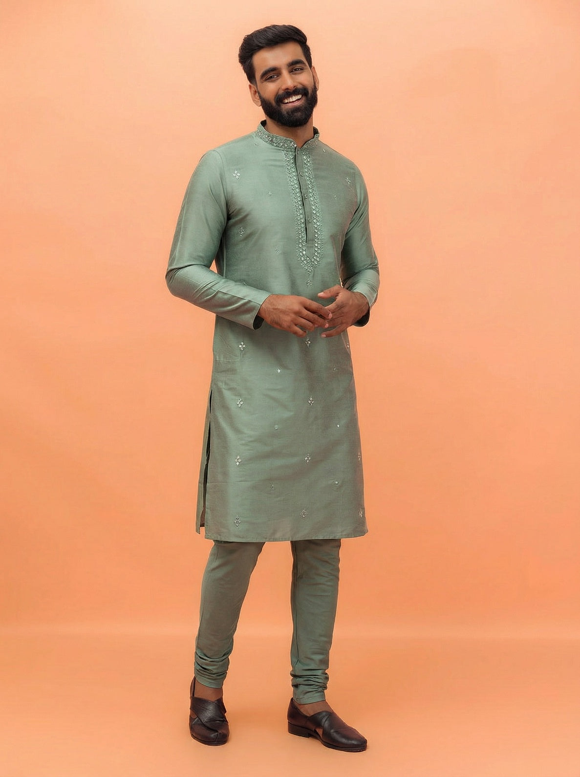 Sage Green Cotton Blend Mirror Work Kurta Churidar Set