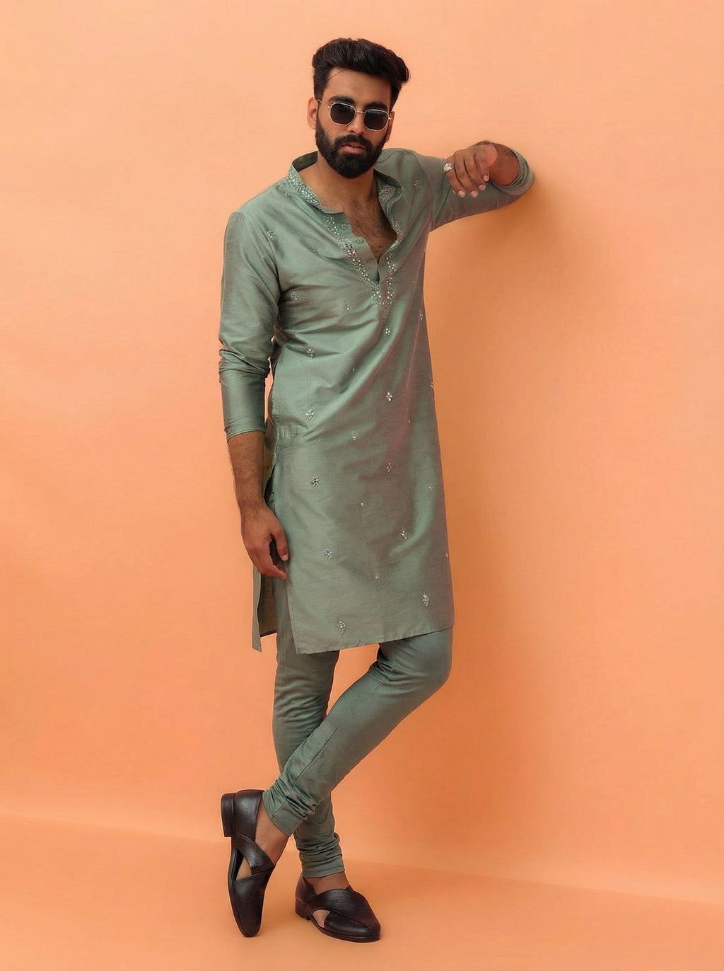 Sage Green Cotton Blend Mirror Work Kurta Churidar Set