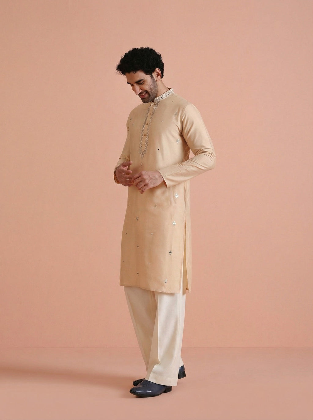 Beige Cotton Blend Mirror Work Kurta Wide Leg Trouser Set