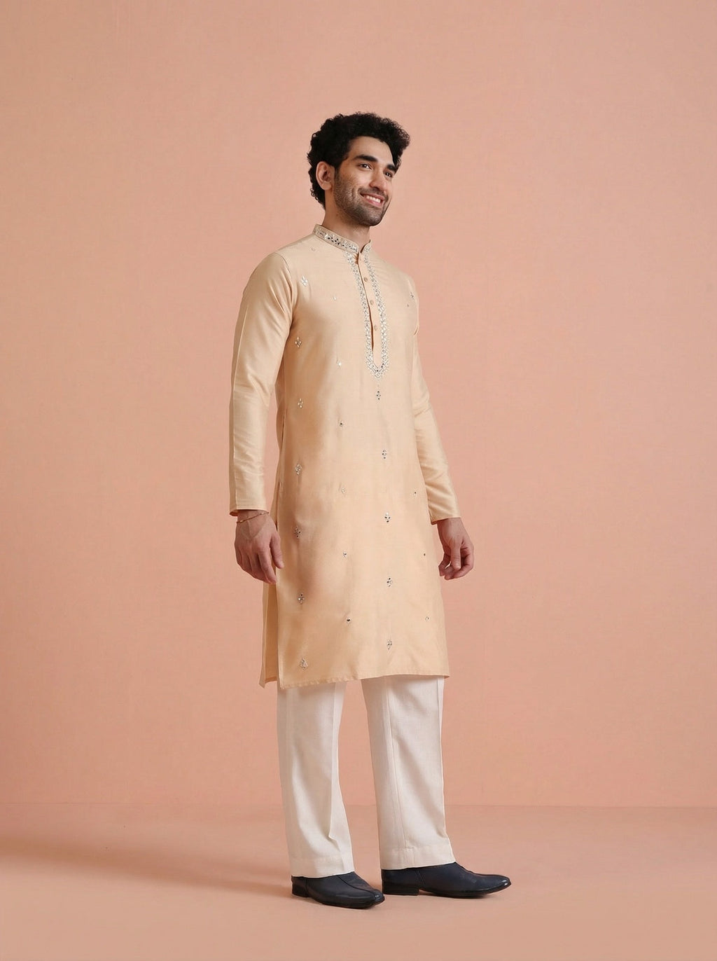 Beige Cotton Blend Mirror Work Kurta Wide Leg Trouser Set
