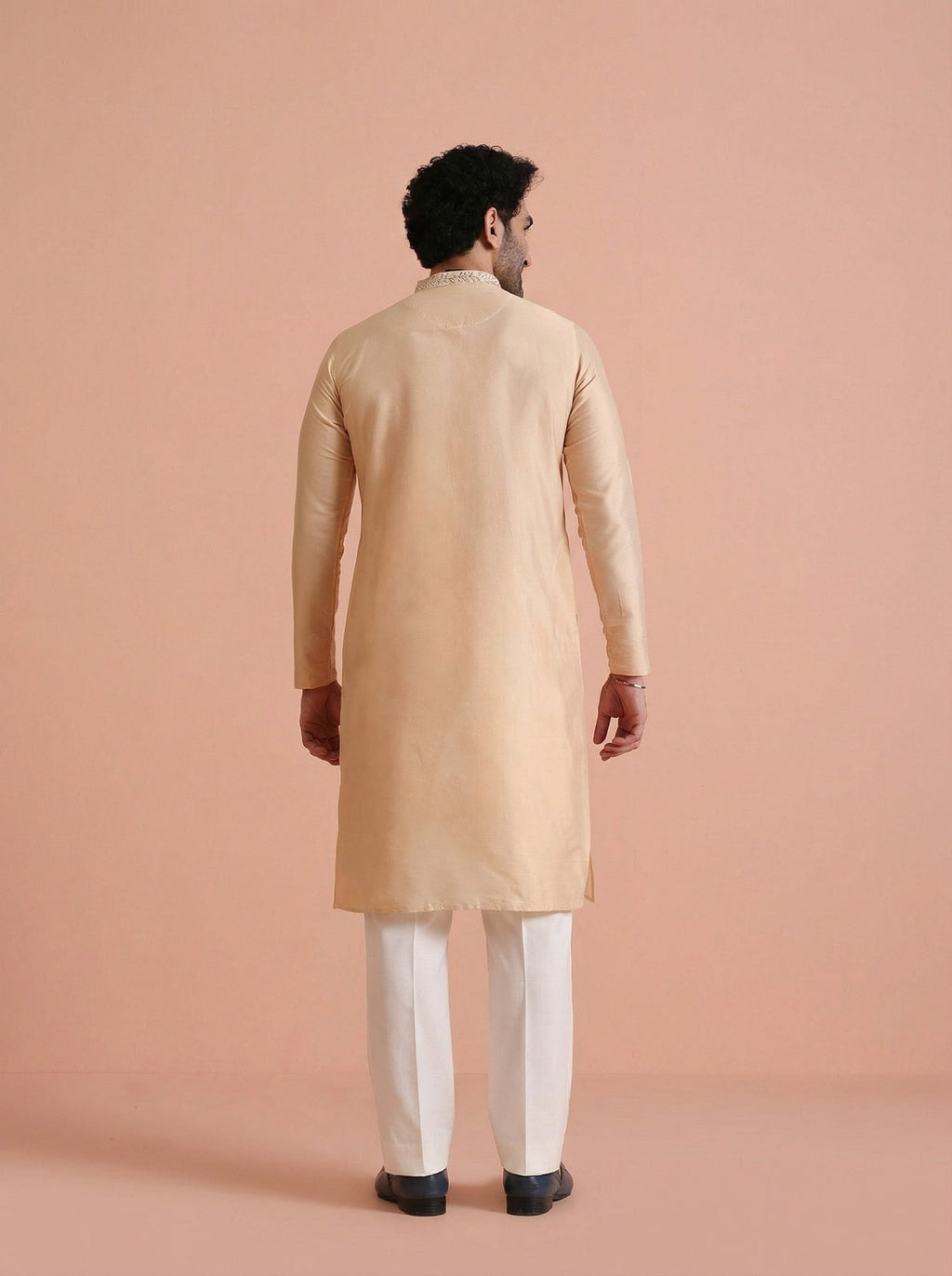 Beige Cotton Blend Mirror Work Kurta Wide Leg Trouser Set