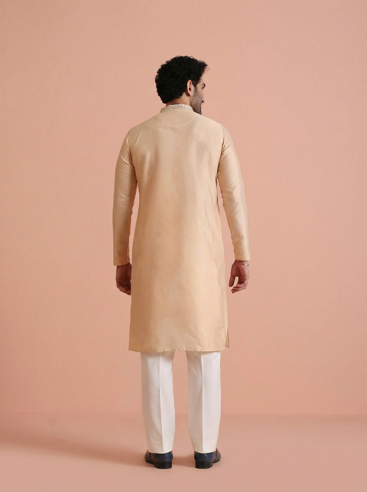 Beige Cotton Blend Mirror Work Kurta Wide Leg Trouser Set