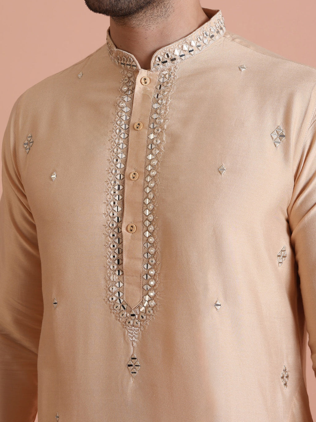 Beige Cotton Blend Mirror Work Kurta Wide Leg Trouser Set