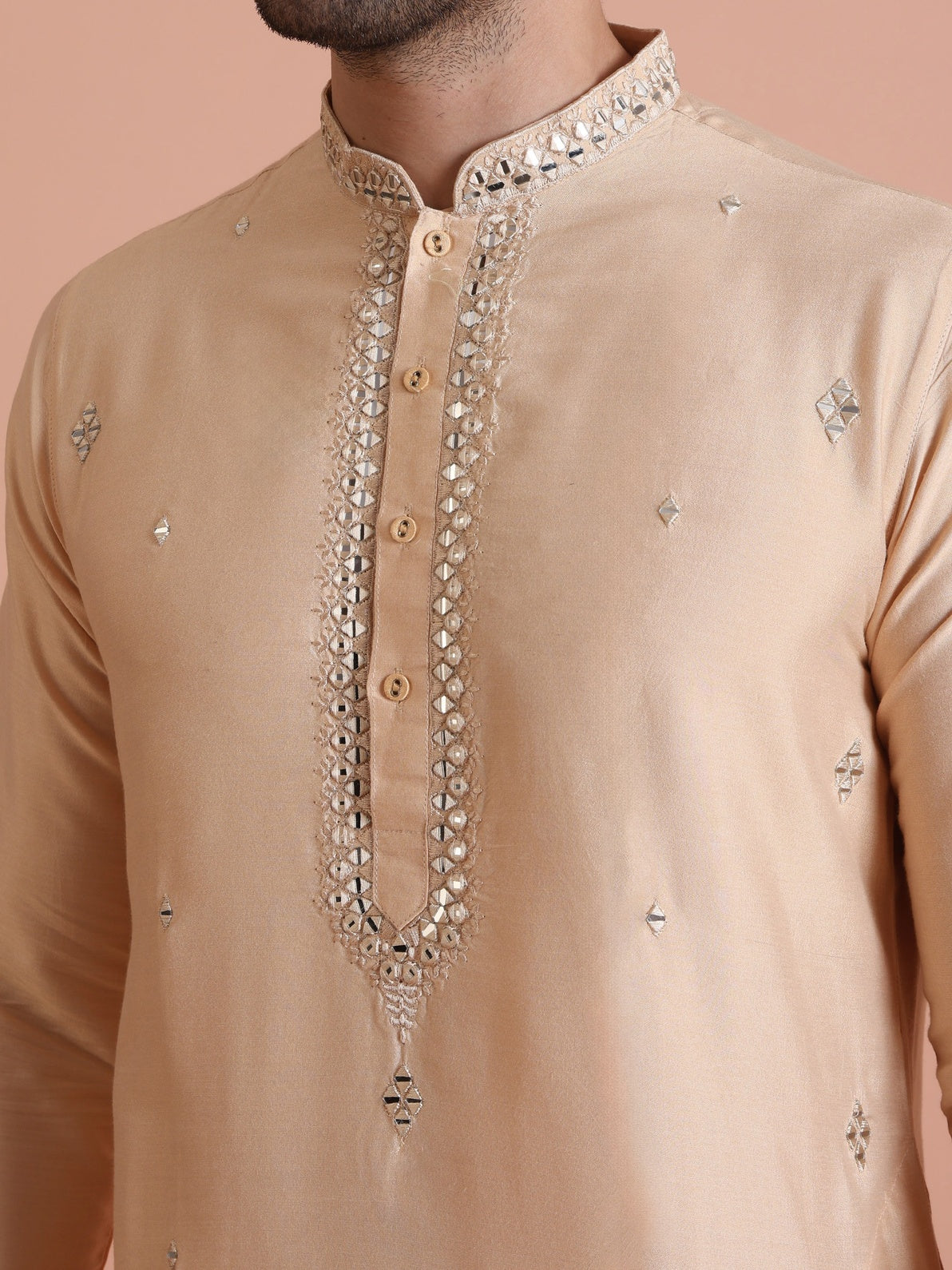 Beige Cotton Blend Mirror Work Kurta Wide Leg Trouser Set