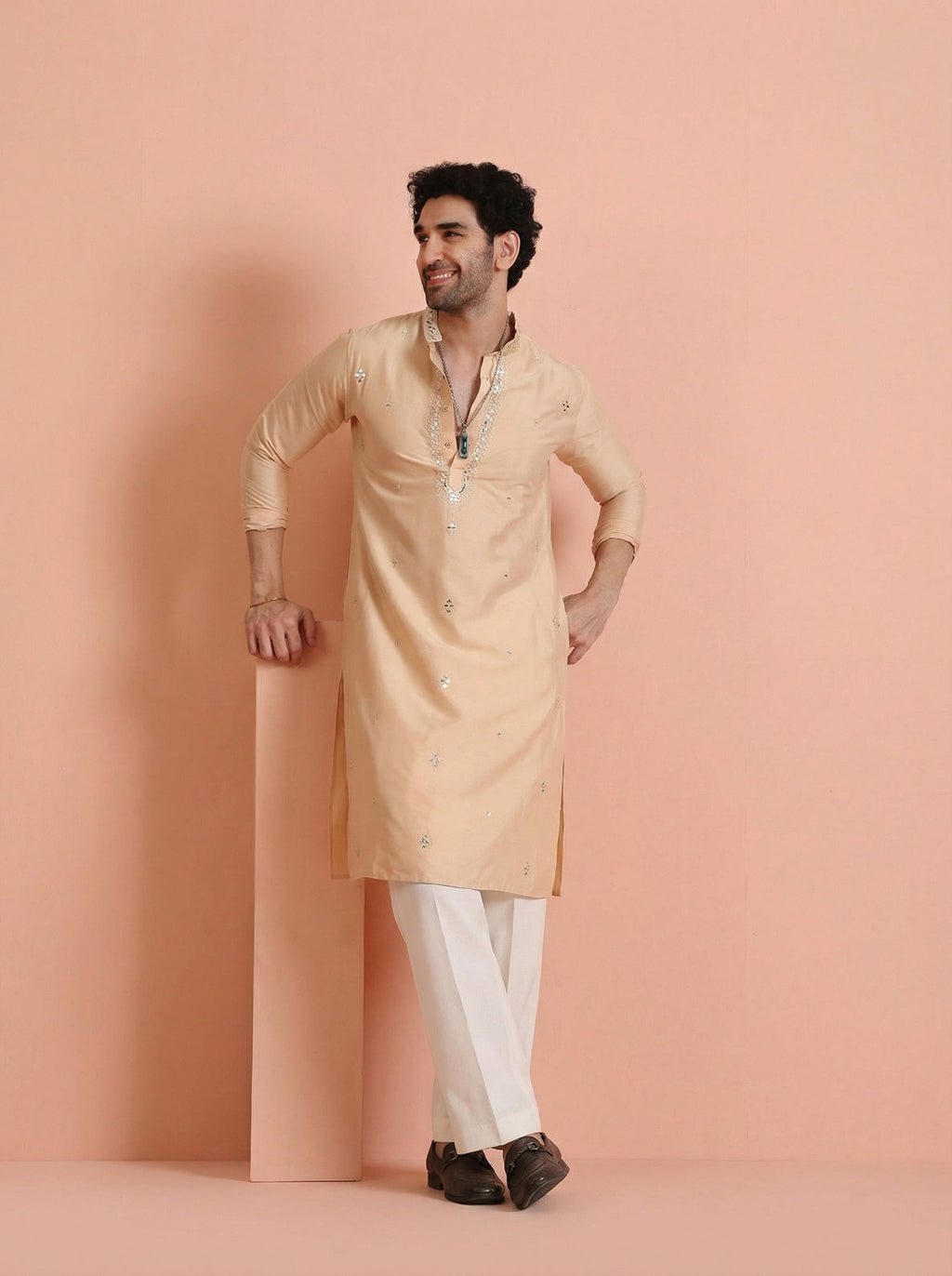 Beige Cotton Blend Mirror Work Kurta Wide Leg Trouser Set