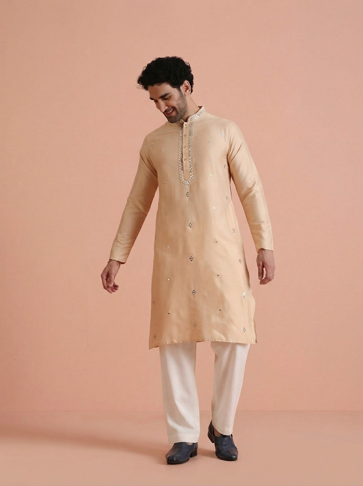 Beige Cotton Blend Mirror Work Kurta Wide Leg Trouser Set