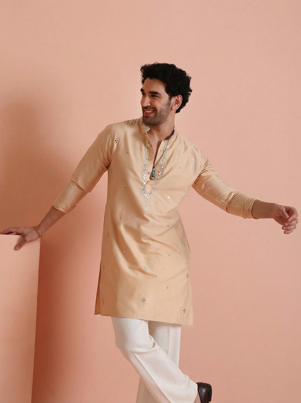 Beige Cotton Blend Mirror Work Kurta Wide Leg Trouser Set