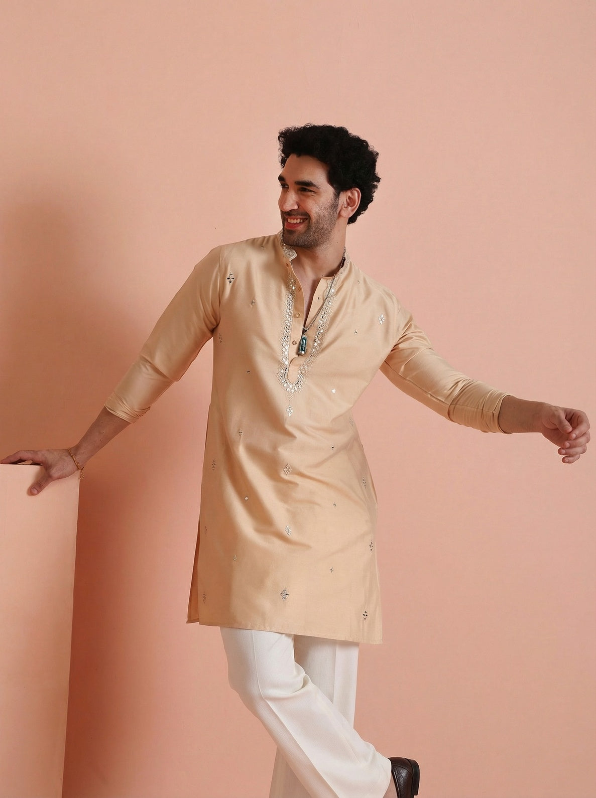 Beige Cotton Blend Mirror Work Kurta Wide Leg Trouser Set