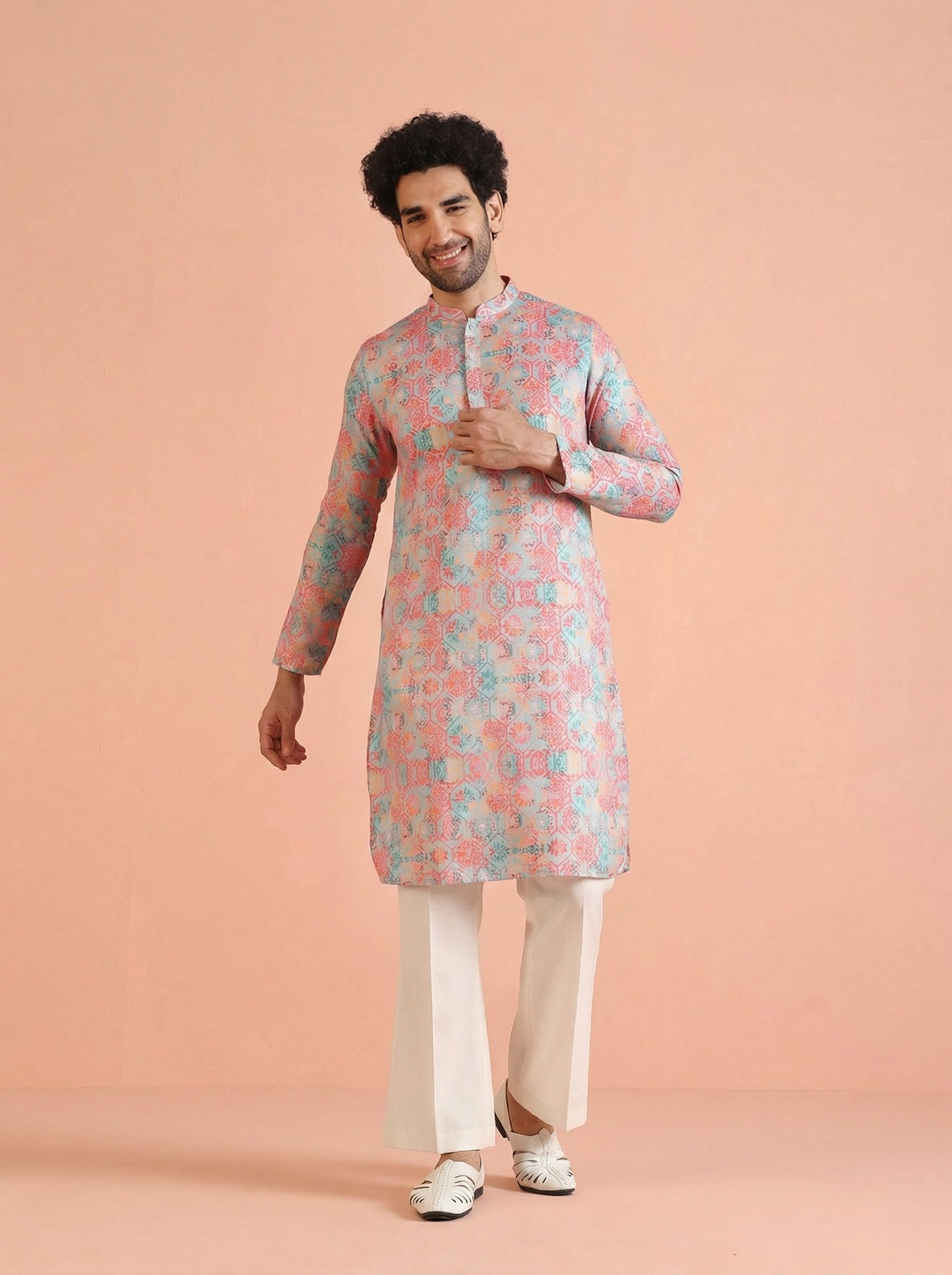 Multicolour Art Silk Printed Kurta Wide Leg Trouser Set