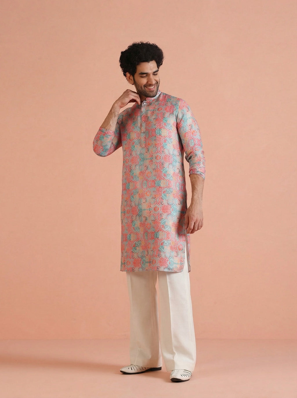 Multicolour Art Silk Printed Kurta Wide Leg Trouser Set