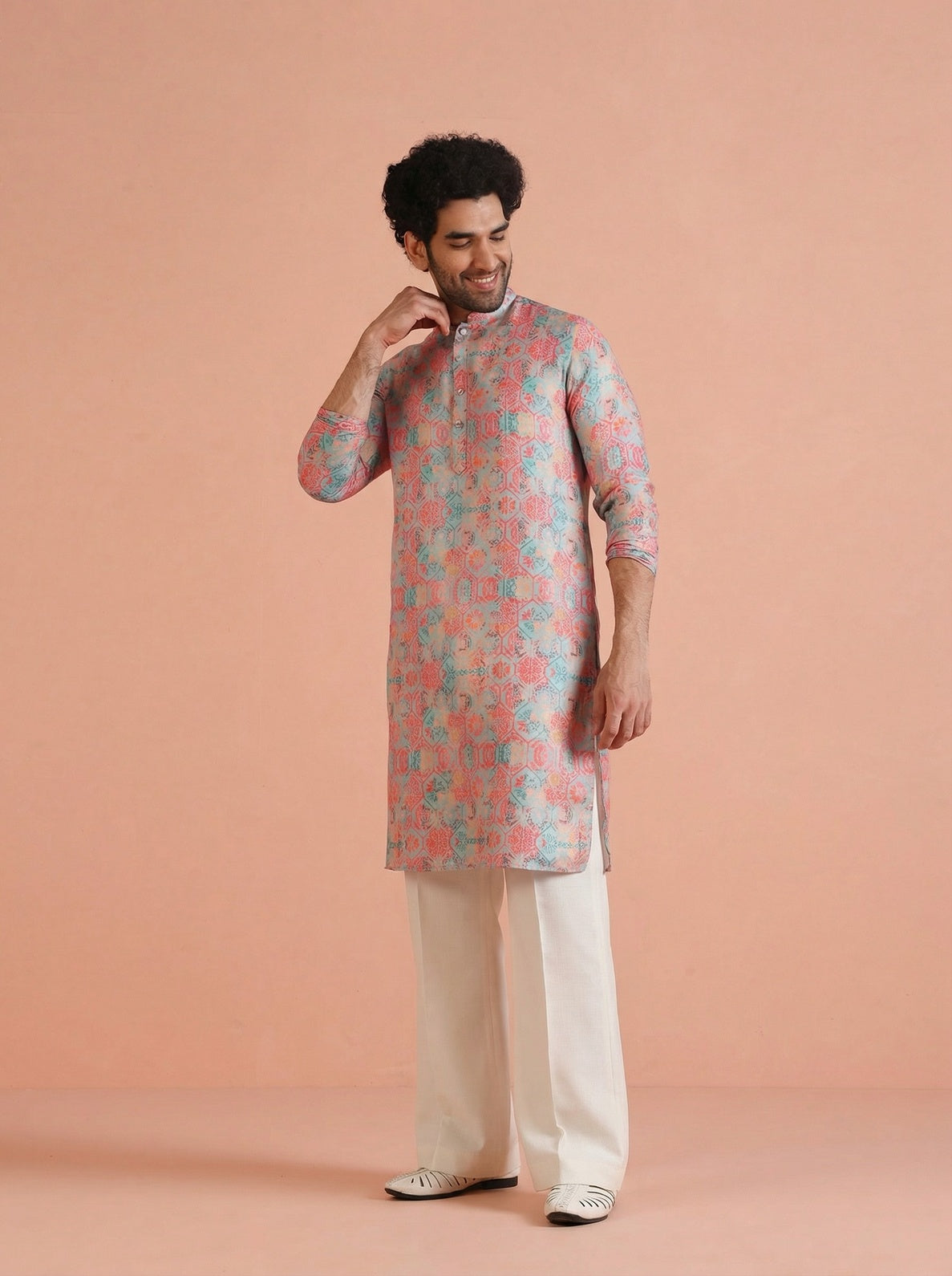 Multicolour Art Silk Printed Kurta Wide Leg Trouser Set