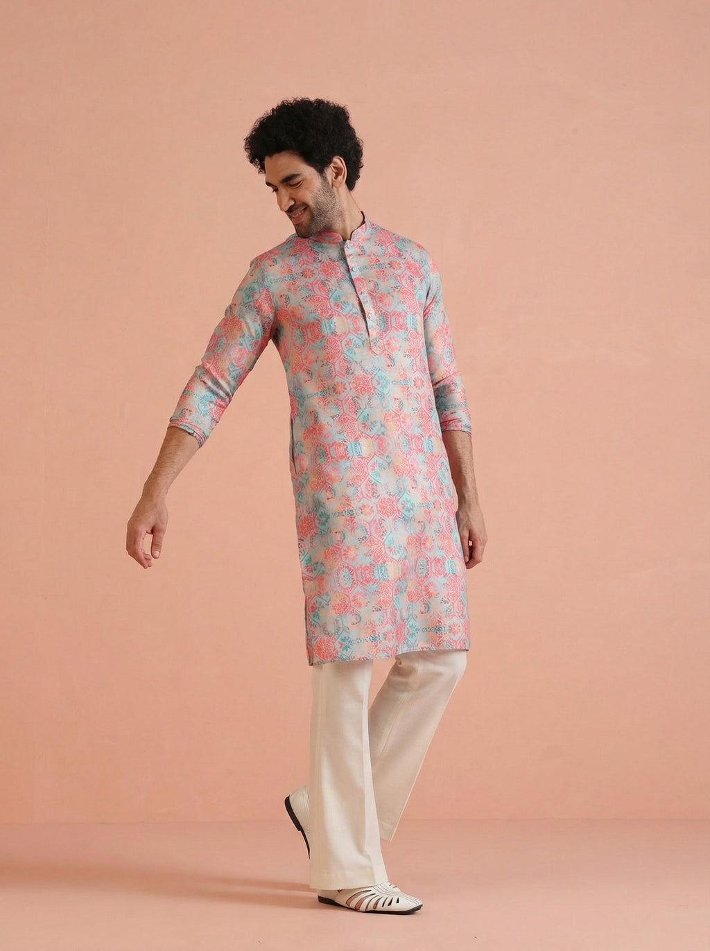 Multicolour Art Silk Printed Kurta Wide Leg Trouser Set