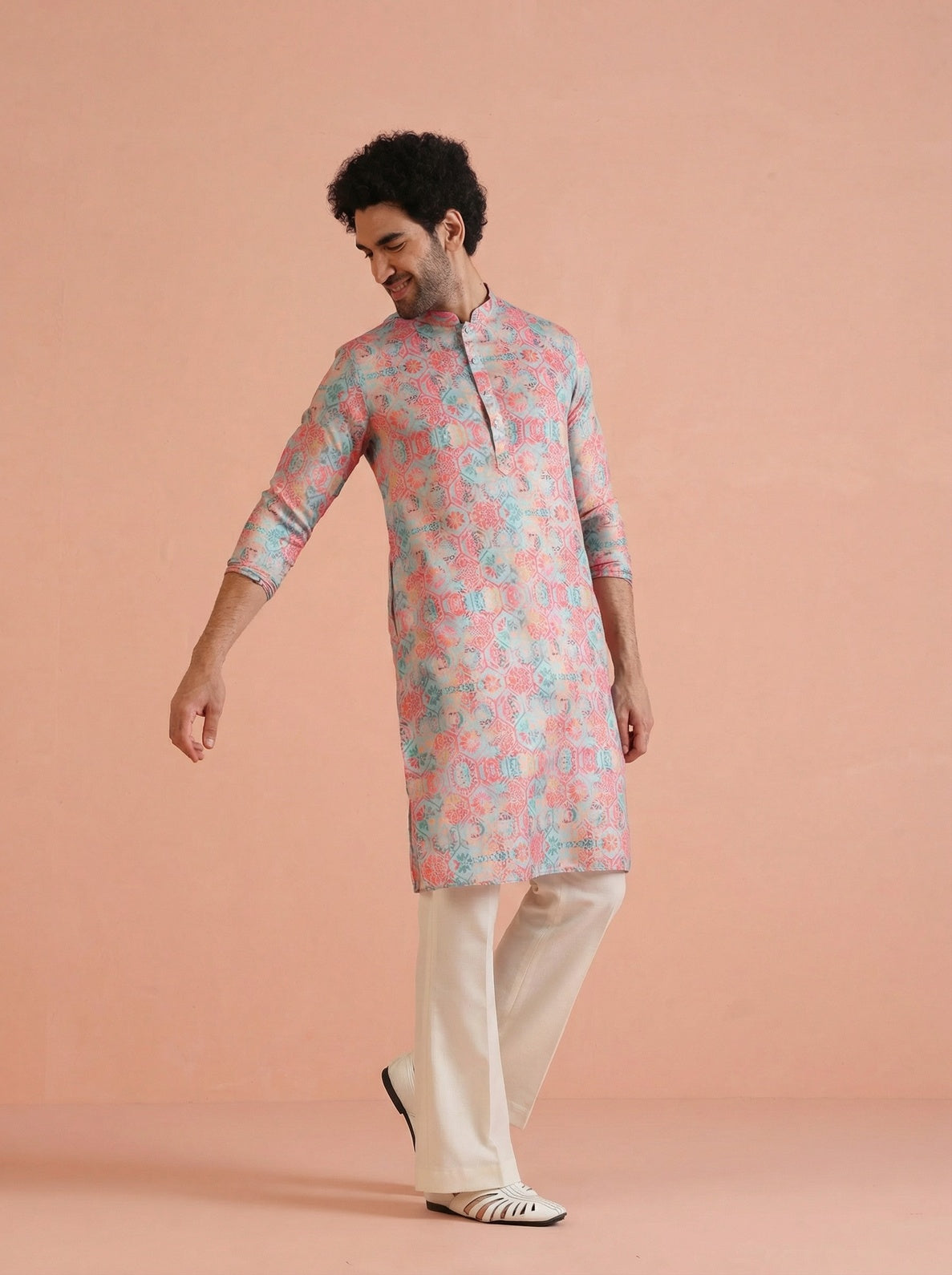 Multicolour Art Silk Printed Kurta Wide Leg Trouser Set