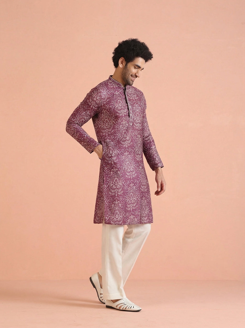 Maroon Cotton Blend Printed Kurta Wide Leg Trouser Set