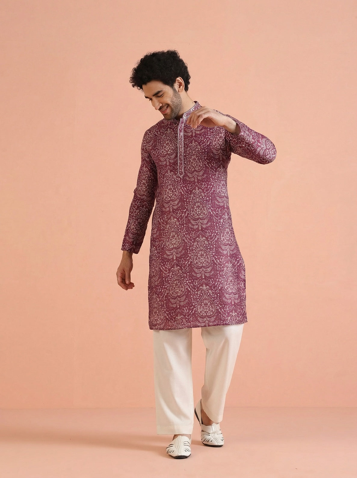 Maroon Cotton Blend Printed Kurta Wide Leg Trouser Set