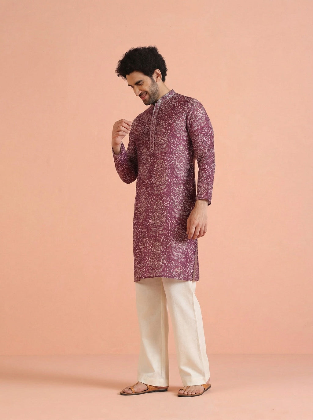 Maroon Cotton Blend Printed Kurta Wide Leg Trouser Set