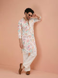 White Cotton Blend Printed Kurta Wide Leg Trouser Set