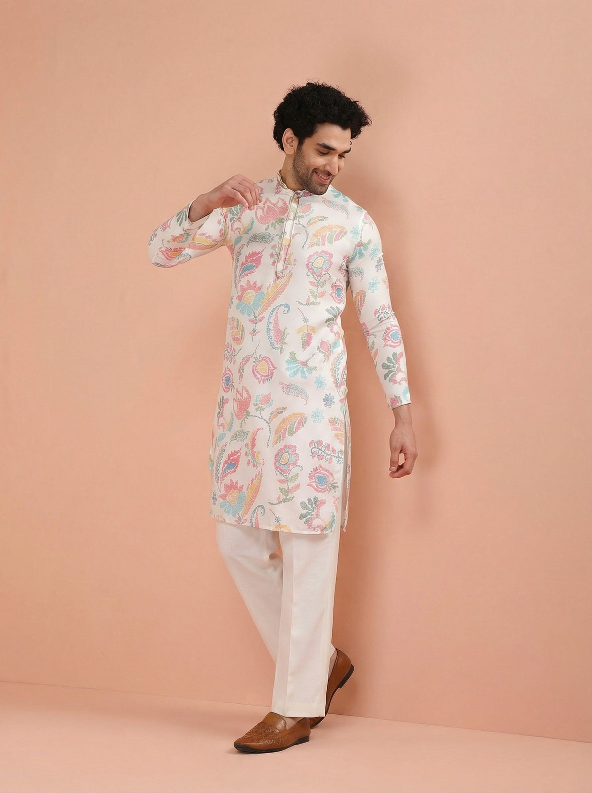 White Cotton Blend Printed Kurta Wide Leg Trouser Set
