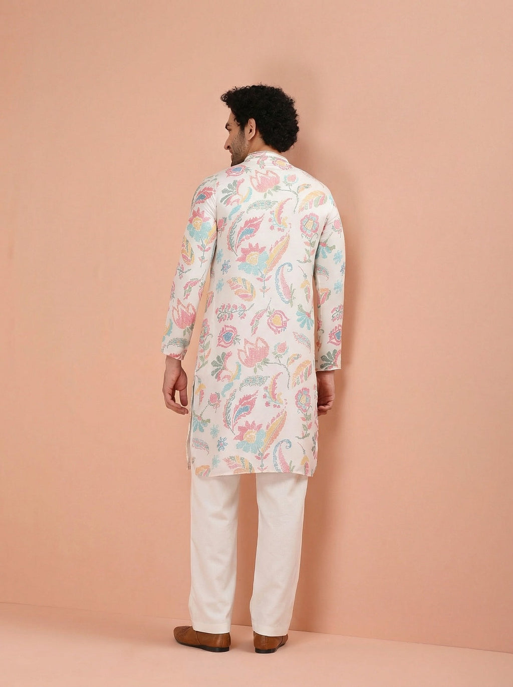 White Cotton Blend Printed Kurta Wide Leg Trouser Set