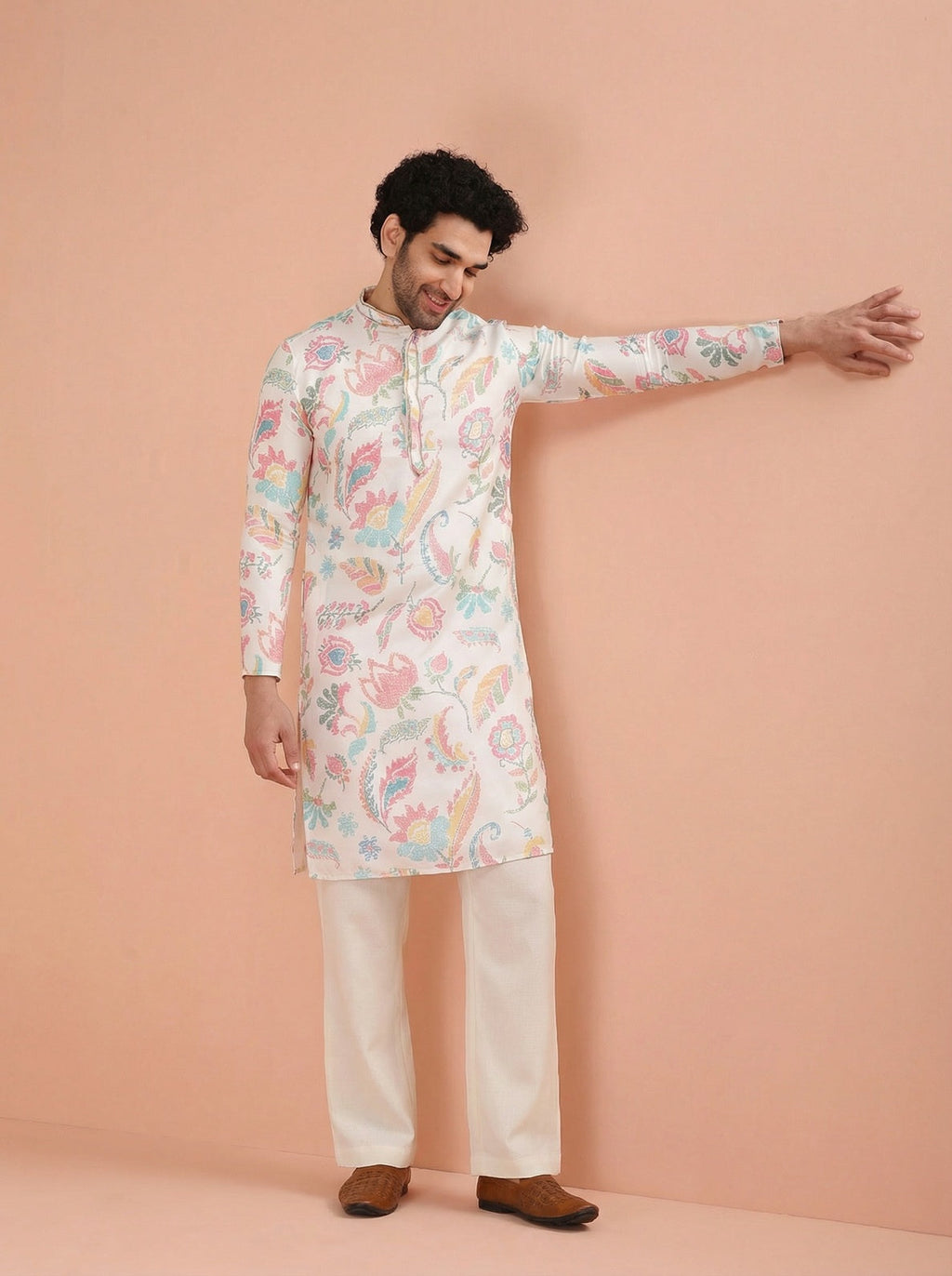 White Cotton Blend Printed Kurta Wide Leg Trouser Set