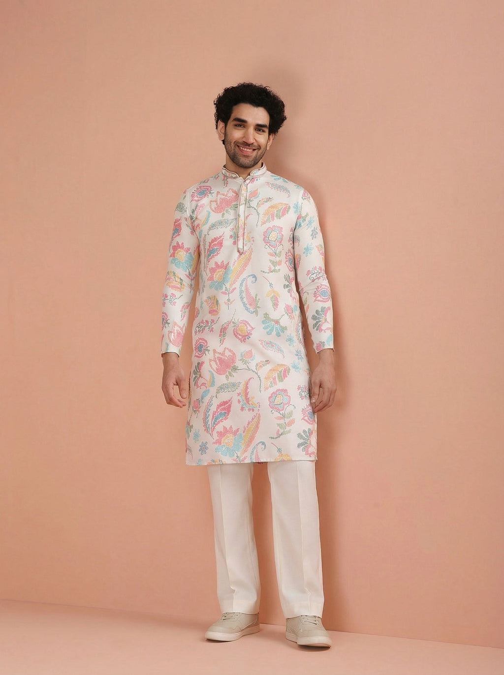 White Cotton Blend Printed Kurta Wide Leg Trouser Set