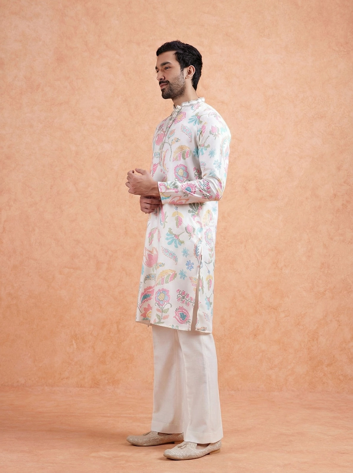 White Cotton Blend Printed Kurta Wide Leg Trouser Set