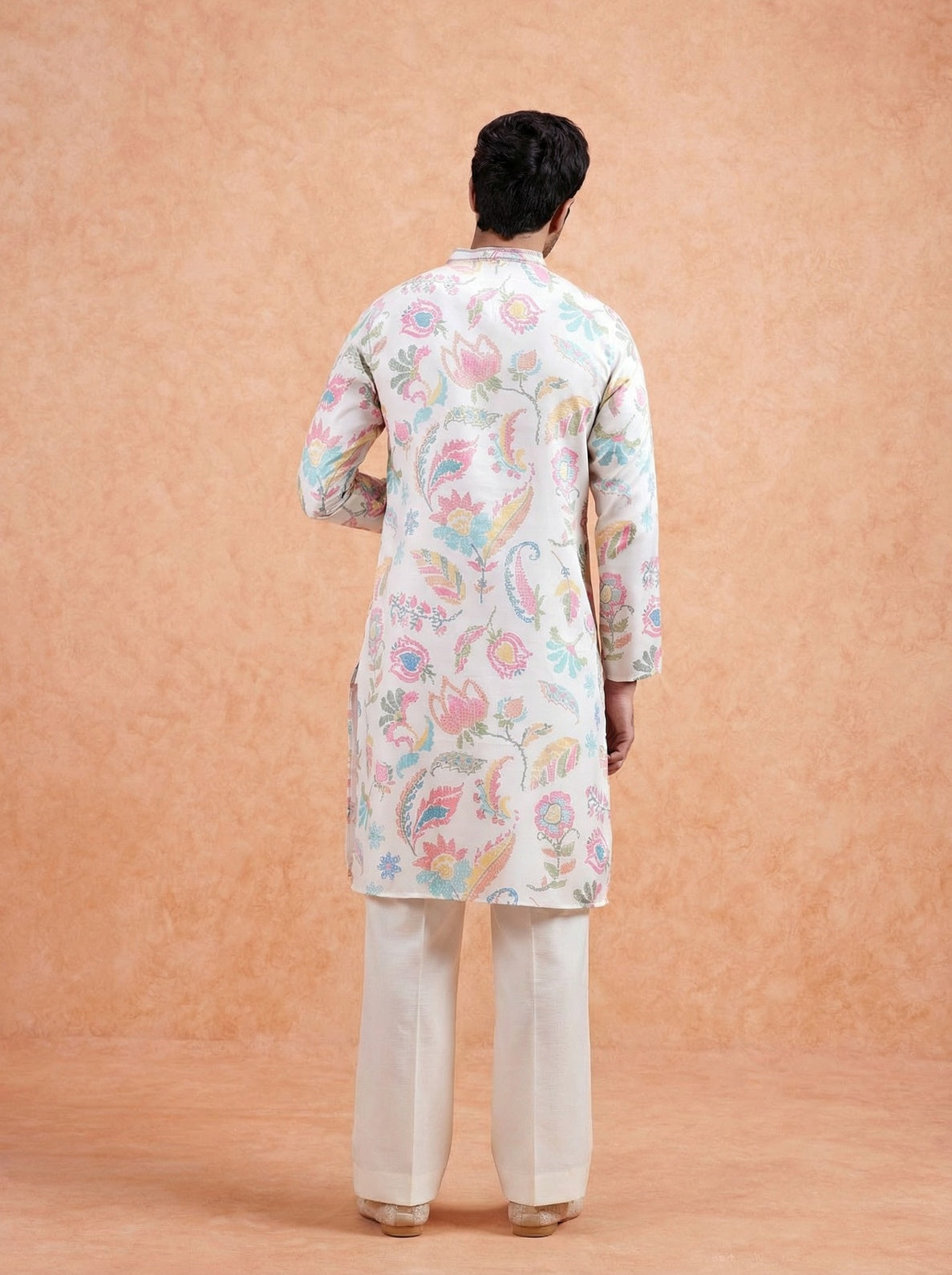White Cotton Blend Printed Kurta Wide Leg Trouser Set