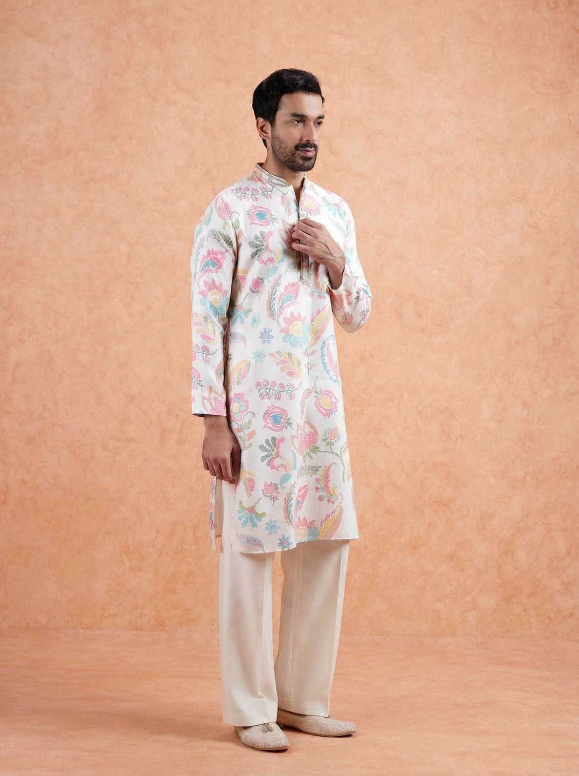 White Cotton Blend Printed Kurta Wide Leg Trouser Set