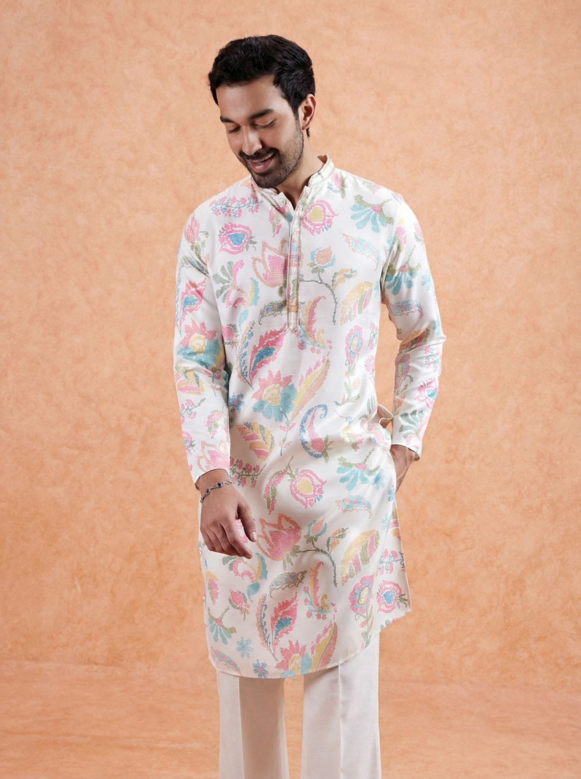 White Cotton Blend Printed Kurta Wide Leg Trouser Set