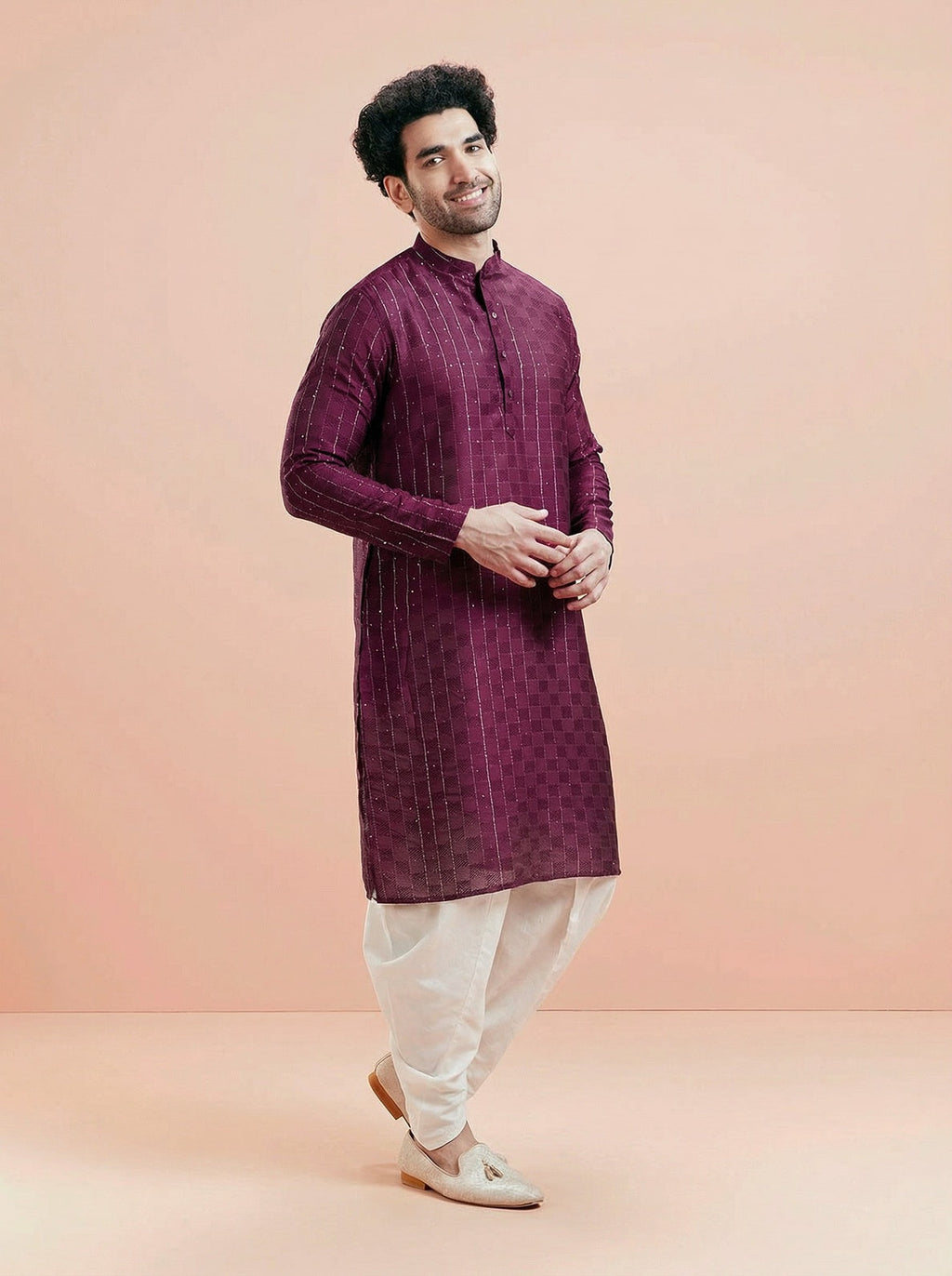 Maroon Silk Blend Textured Kurta Dhoti Set