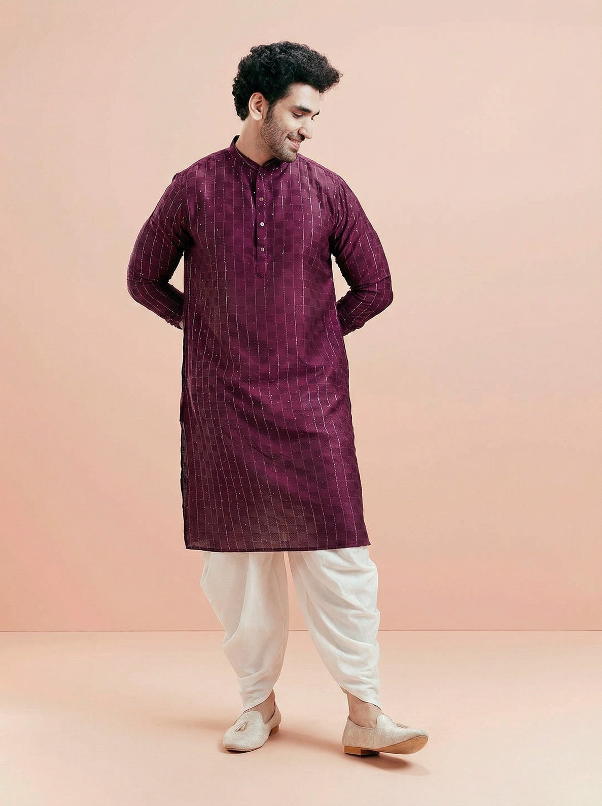 Maroon Silk Blend Textured Kurta Dhoti Set