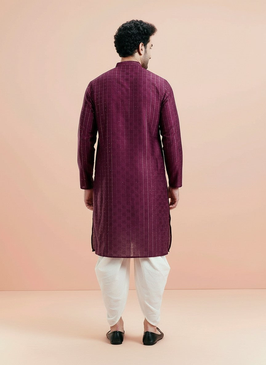 Maroon Silk Blend Textured Kurta Dhoti Set