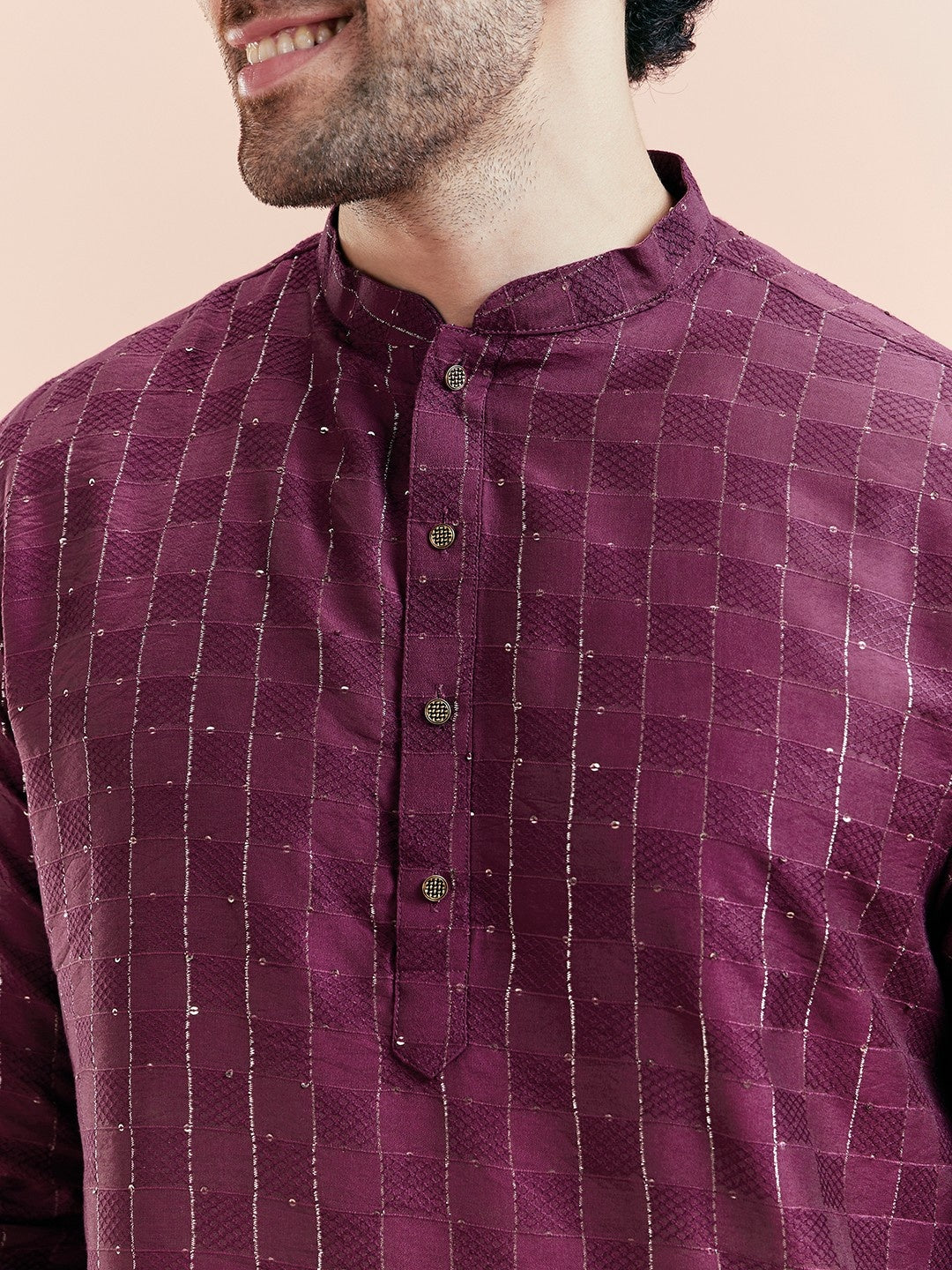 Maroon Silk Blend Textured Kurta Dhoti Set